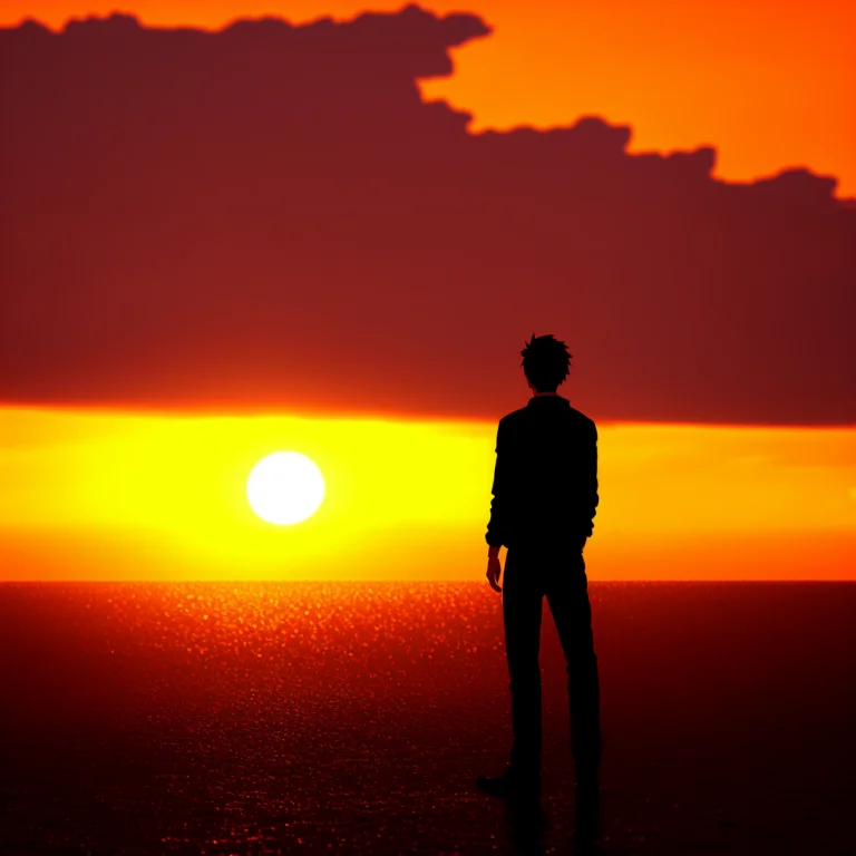 Anime, Bearded Man Looking At Horizon With The Sunset Behind...