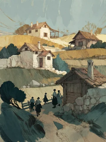 Bradhamel Art Style. A Layered, Textured Illustration Of A R... — Stable Diffusion AI Prompt: Bradhamel art style. A layered, textured illustration of a rural landscape with...