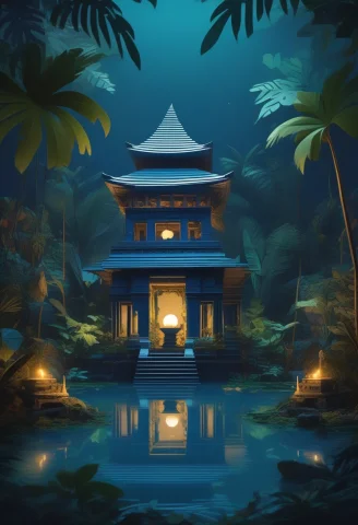A Sunken Temple Half-swallowed By Jungle, Papercraft Style,... — SDXL AI Prompt: a sunken temple half-swallowed by jungle, papercraft style, blue hour, in the st...