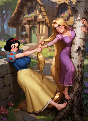 Digital Illustration, Snow White Big Saggy Tits, With Black... — Stable Diffusion AI Prompt: digital illustration, Snow White big saggy tits, with black hair in a short bob,...
