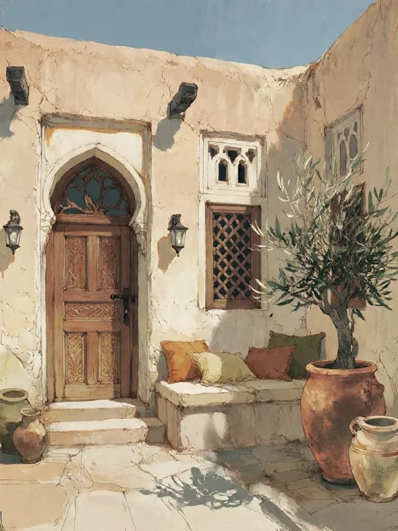 Bradhamel Art Style. A Serene, Sunlit Courtyard Of A Traditi...