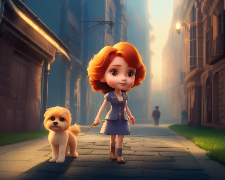 Cute Girl Walking Her Dog Through The Streets Of The Morning...
