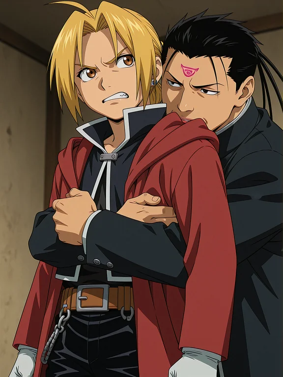 Anime Screencap, Edward Elric Angrily Being Hugged From Behi...