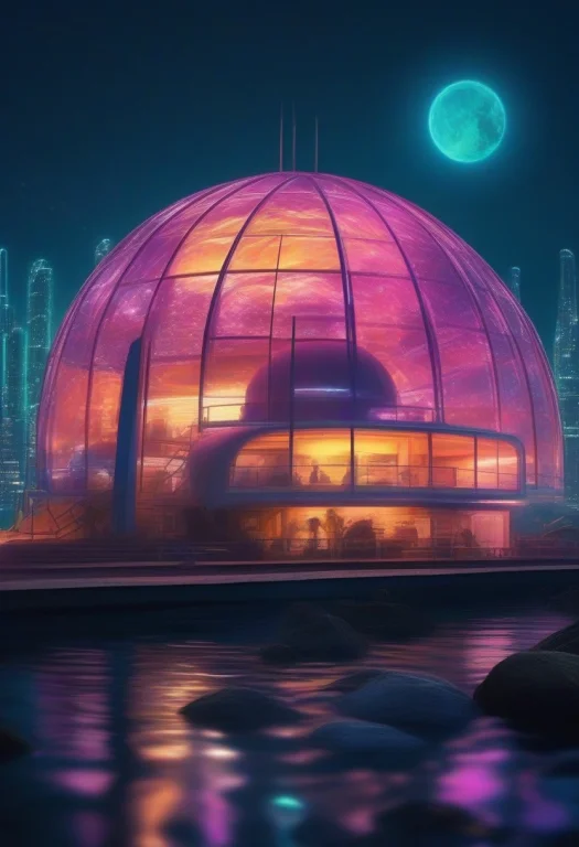 An Underwater Dome City Glowing In The Deep, Neon Lighting,...