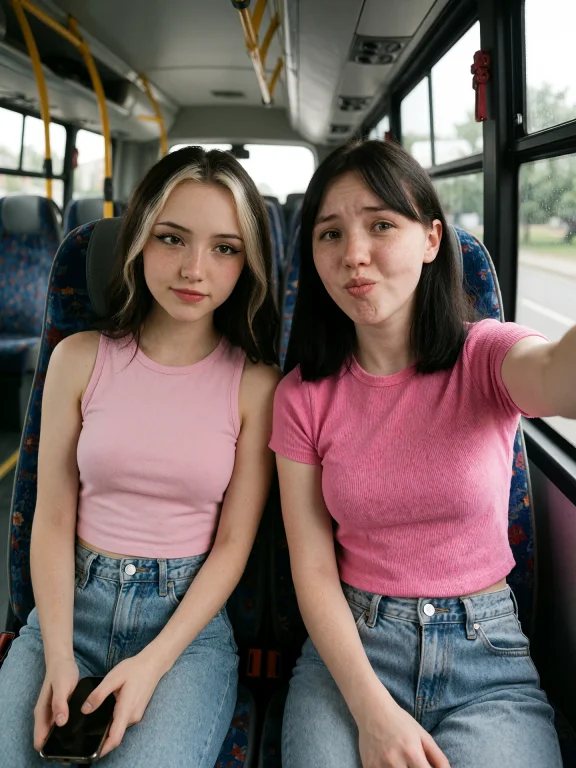 Shared Photorealistic Vertical Selfie Of Two Young Women Sea...