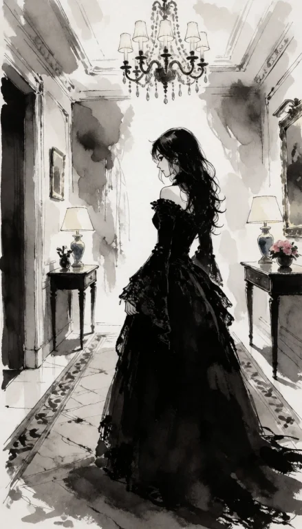 Black-and-white Ink Wash Painting Woman In Gothic Dress In L...
