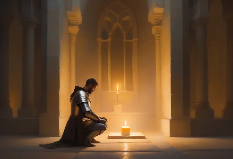 A Knight Kneeling In A Candlelit Stone Chapel, Expressive Br...