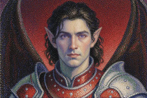 A Pointillism Artwork Featuring A 30-year-old Dark Fantasy M... — Stable Diffusion AI Prompt: A pointillism artwork featuring a 30-year-old dark fantasy male with pointed ear...