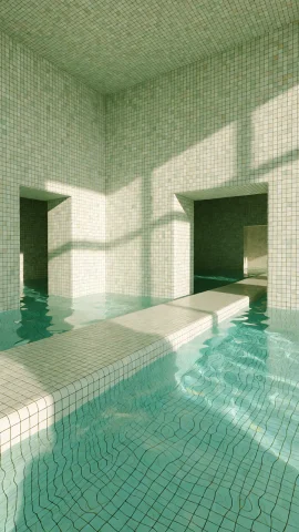 Dcl1m1nal. Poolrooms Style, Wide Straight-on View Of A Large... — Stable Diffusion AI Prompt: DCL1M1NAL. Poolrooms Style, Wide straight-on view of a large tiled interior spac...