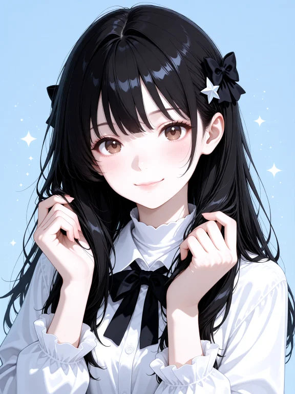 画面呈现一位黑发棕眼少女在浅蓝色背景前手持自己头发的优雅微笑...