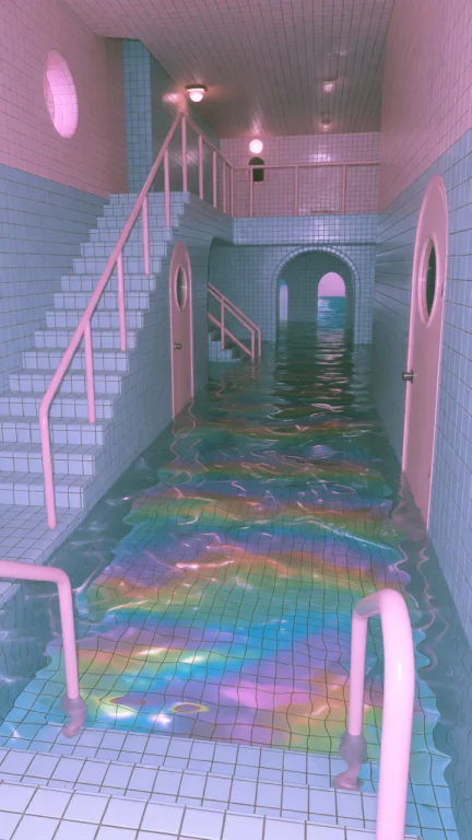 Dcl1m1nal. Medium-long Eye-level Shot Of A Tiled Indoor Pool...