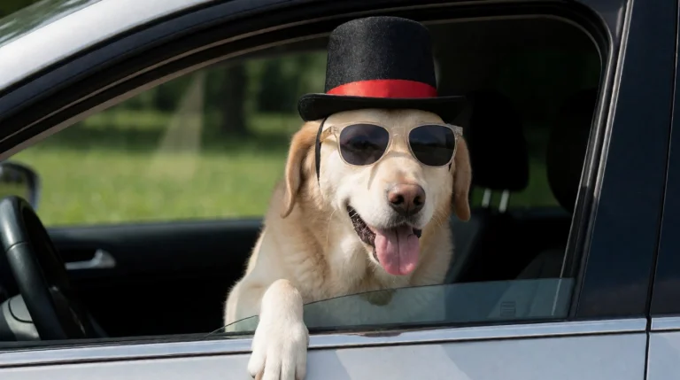 Dog With Sunglasses And Fancy Top Hat Hanging From Driving C...