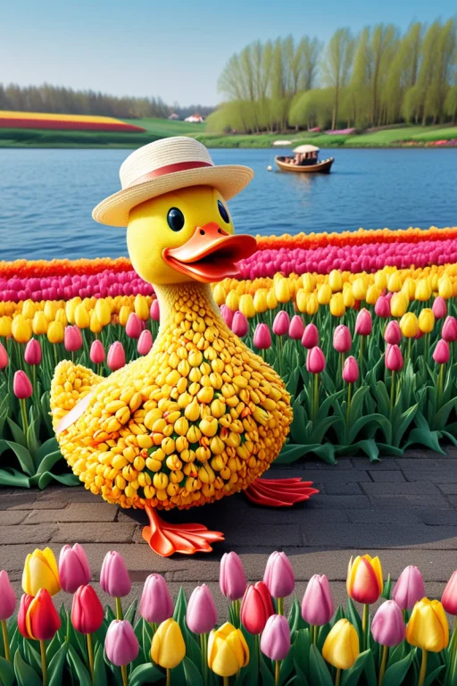 Scenery, A Duck With A Summer Hat Made Is Watching Fish In T...
