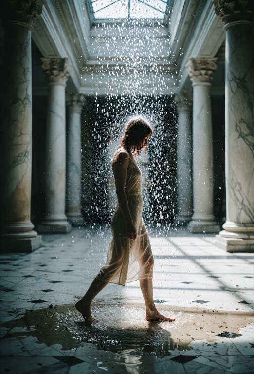 A Wide Interior Shot Of A Young Beautiful Woman Walking Bare...