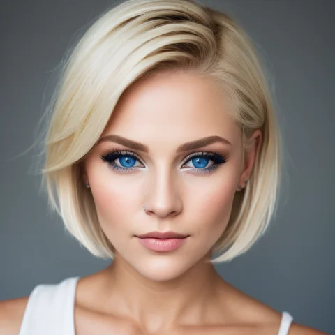 Face Portrait Of A Beautiful Woman, Blue Eyes, Blonde Hair,... — Stable Diffusion AI Prompt: face portrait of a beautiful woman, blue eyes, blonde hair, short hair, parted l...
