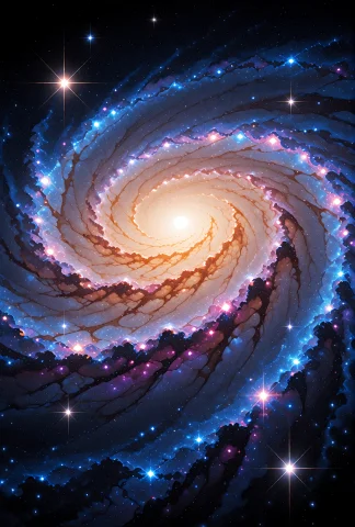 A Massive, Swirling Spiral Galaxy Viewed From A High-angle S... — Stable Diffusion AI Prompt: A massive, swirling spiral galaxy viewed from a high-angle shot, filling the fra...