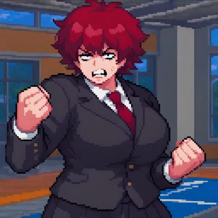 Pixel Artwork, Side View, Battle Pose, Gymnasium Interior, N...