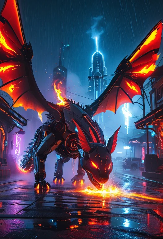 Whiteember Mechanical Dragon, Cyberpunk Village, Burning, Fi...