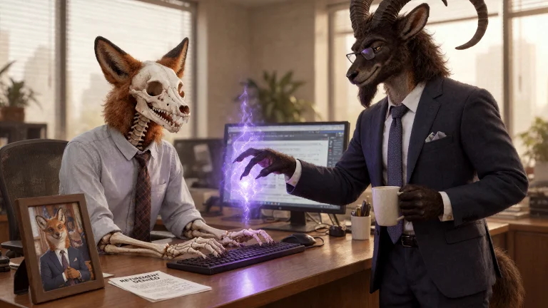 An Adult Anthro Ibex Manager Stands Beside An Office Desk, C...