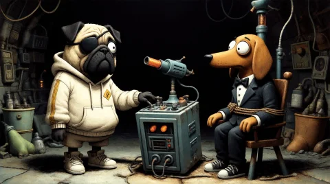 Toondaal Two Cartoon Anthropomorphic Dogs In The Style Of Cl... — Stable Diffusion AI Prompt: ToonDaal Two Cartoon anthropomorphic dogs in the style of claymation. 1st dog: a...