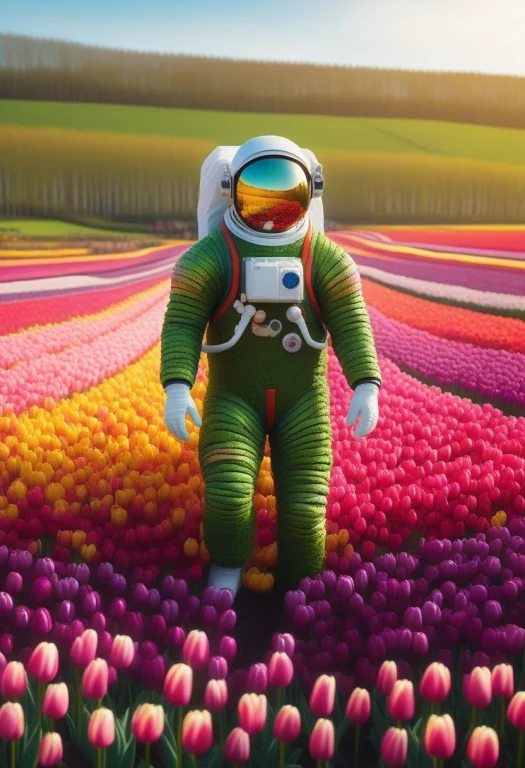 An Astronaut In A Full Spacesuit Made Of Tulips Planting A S...