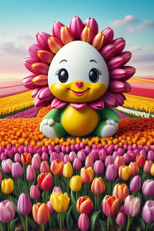 A Cute Smiling Egg With Colorful Tulip . Surreal Fantasy Sce...