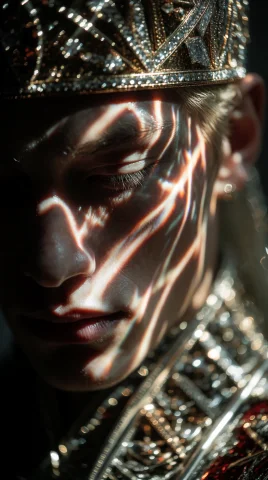 Close-up Portrait, Ornate Regalia, Crown-like Headpiece, Spa... — Stable Diffusion AI Prompt: close-up portrait, ornate regalia, crown-like headpiece, sparkling embellishment...
