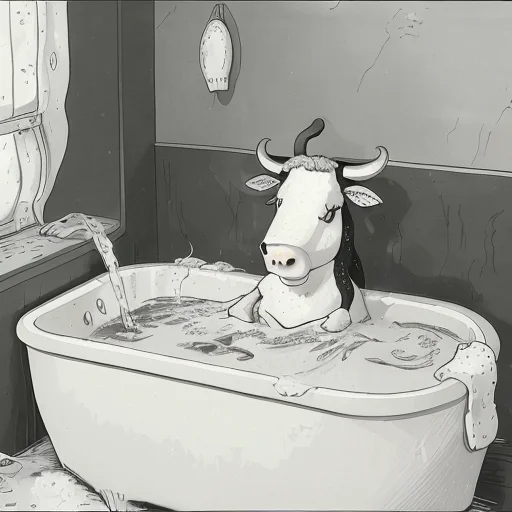 A Cartoon About A Cow Taking A Bubble Bath, Inside, Bath Tub...