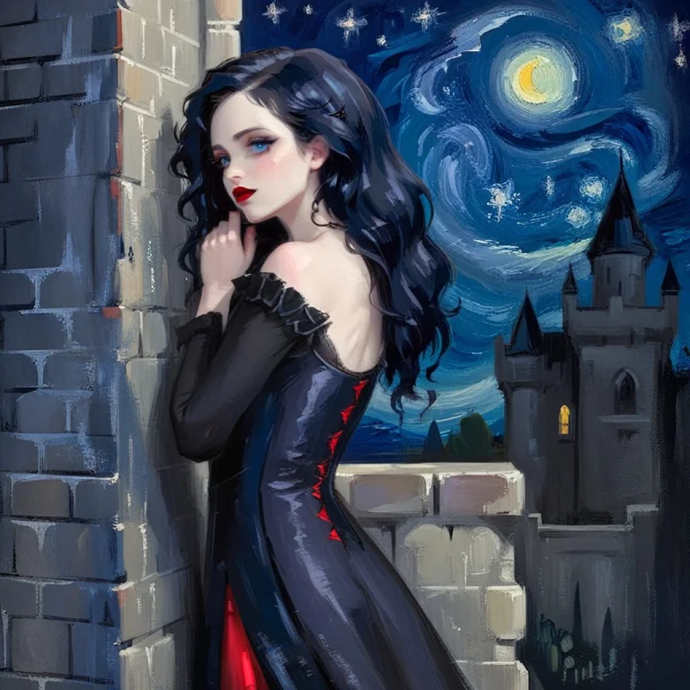 A Gothic Princess, Red Lips, Blue Eyes, Black Wavy Hair, Lea...