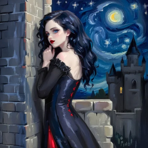 A Gothic Princess, Red Lips, Blue Eyes, Black Wavy Hair, Lea... — SDXL AI Prompt: a gothic princess, red lips, blue eyes, black wavy hair, leaning on the side of...