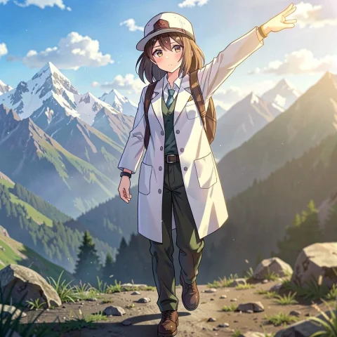 1girl, Solo, Shoulder-length Hair, Brown Hair, Lab Coat, Wri... — Stable Diffusion AI Prompt: 1girl, solo, shoulder-length hair, brown hair, lab coat, wristband, hat, neutral...