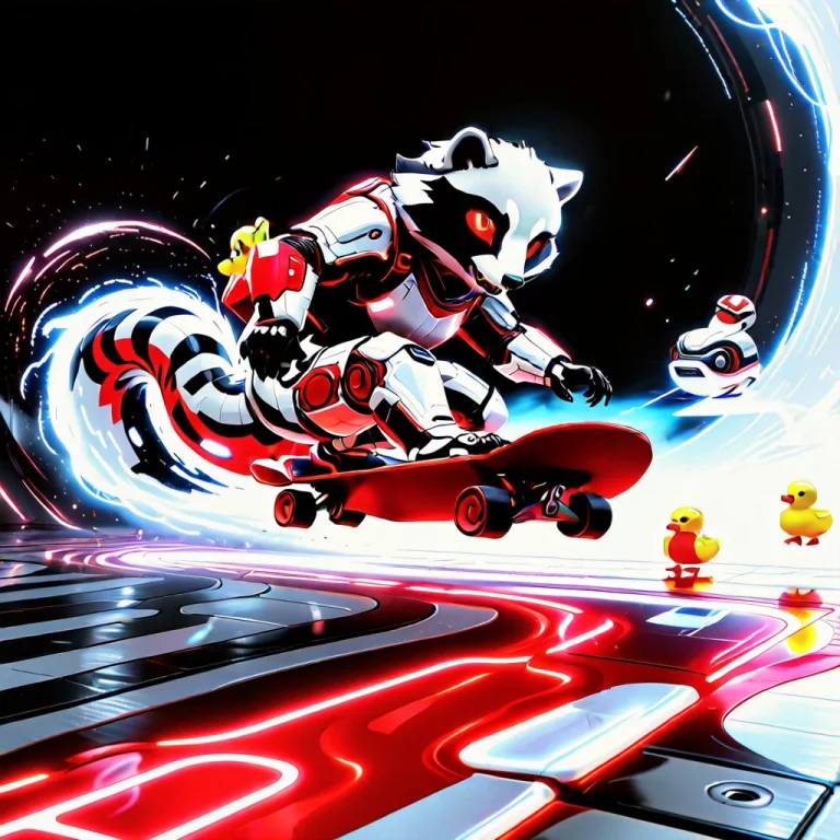 A Raccoon In Sleek Whiteember Tech Armor Doing A Trick On A...