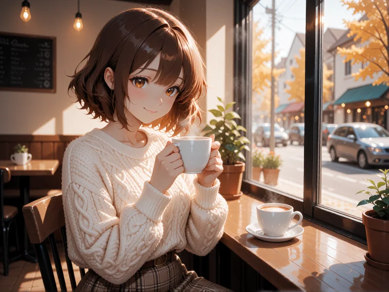 An Adult Anime Woman Sitting By A Sunny Caf Window, Soft Aft...