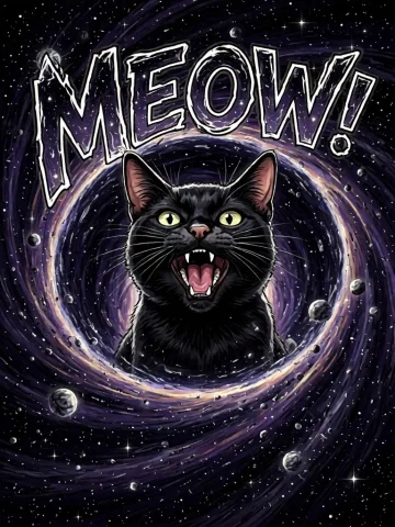 A Celestial Cosmic Black Cat Emerging From A Singularity, Op... — Stable Diffusion AI Prompt: A celestial cosmic black cat emerging from a singularity, open mouth and meowing...