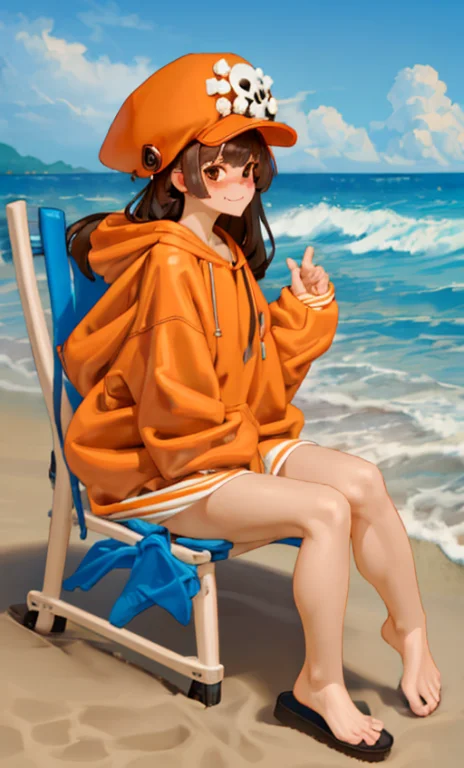 1girl, Mayms, Hat, Orange Hoodie, Barefoot, Beach, Sand, Bea...