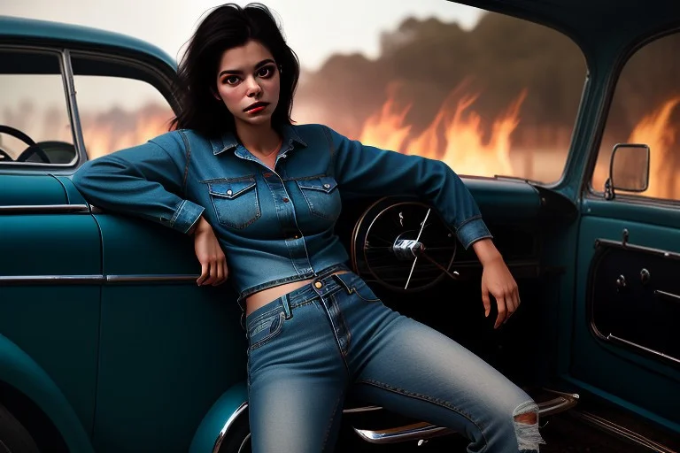A Denim Look Leaning Against A Vintage Car, Portrait Photogr...