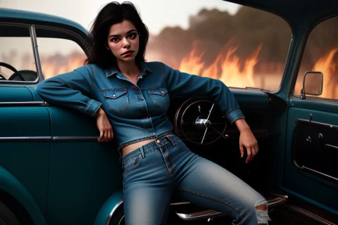 A Denim Look Leaning Against A Vintage Car, Portrait Photogr... — Stable Diffusion AI Prompt: a denim look leaning against a vintage car, portrait photography, firelight, sho...