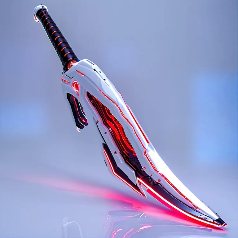 Whiteember, A Futuristic Katana Resting On A Rack, Glossy Wh...