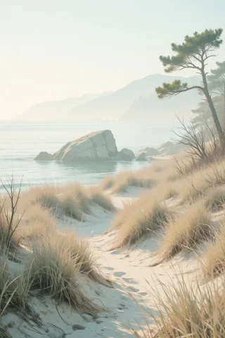Nature, A Vertical, Serene And Minimalist Coastal Landscape.... — Stable Diffusion AI Prompt: nature, A vertical, serene and minimalist coastal landscape. A sandy path winds...