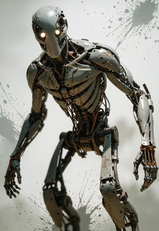 This Is A Depicting A Menacing, Humanoid Robot. The Robot St...