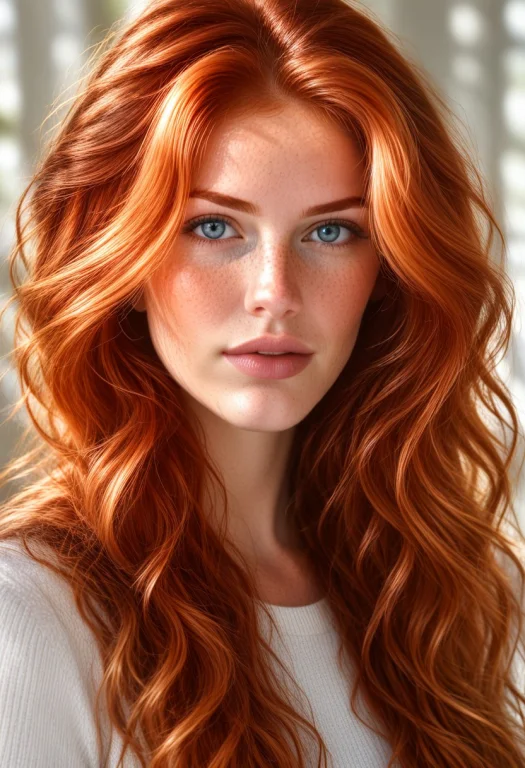 Close-up Beauty Portrait Of A Freckled Redheaded Model, Flow...