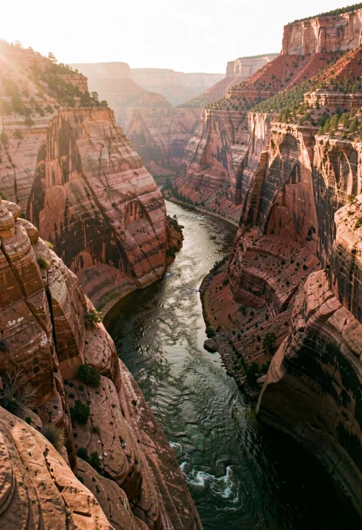 A Canyon River Carving Through Red Rock, Warm Ambient Glow,...