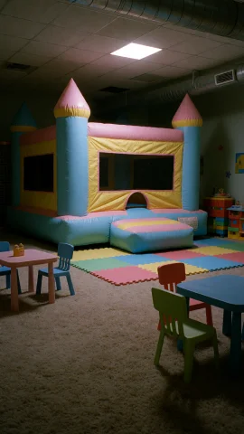 Dcl1m1nal. Medium-wide Eye-level Shot Of An Indoor Childrens... — Stable Diffusion AI Prompt: DCL1M1NAL. Medium-wide eye-level shot of an indoor children's play area with a l...