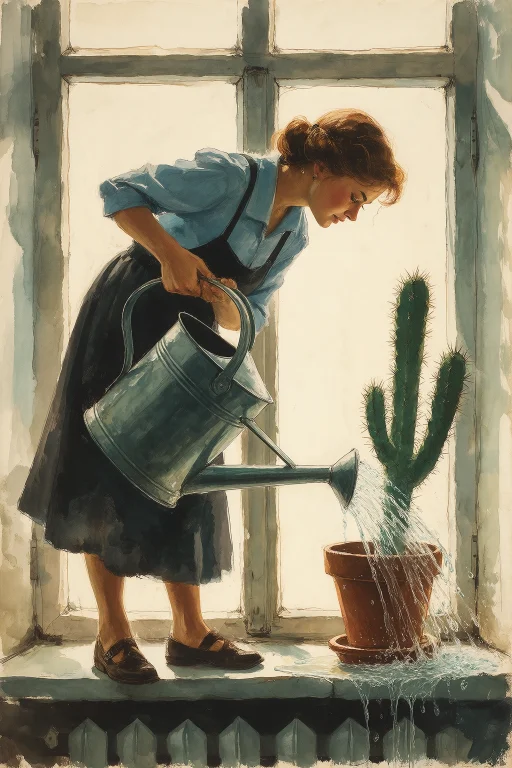 Vladimir Zarubin Style Gouache Illustration, A Woman Careful...