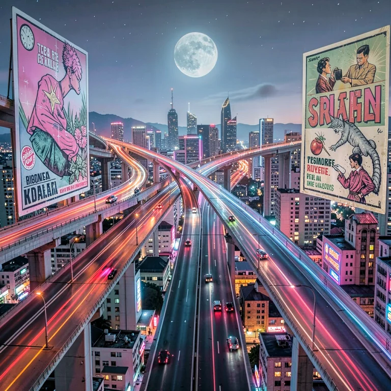 A Neon Megacity Sprawling Beneath Layered Highways, Vintage...
