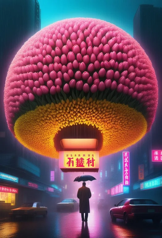 Cyberpunk 2077 Style, Dense Neon-drenched Megacity Center At...