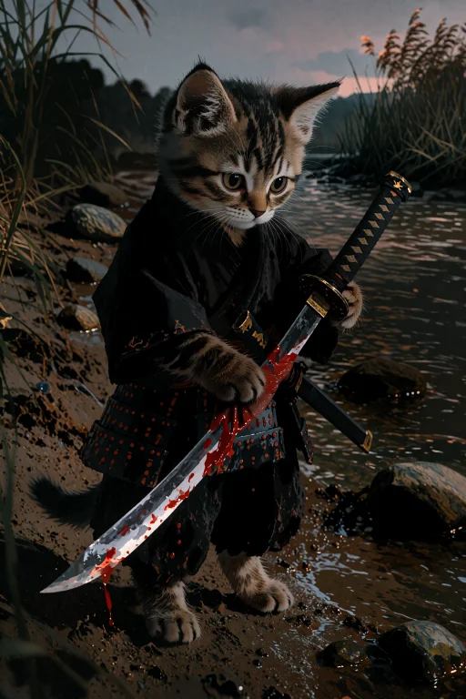 A Small Kitten Samurai Stands On A Muddy Riverbank At Dusk,...