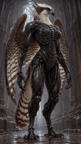 Anthropomorphic Osprey Standing Upright On Two Digitigrade L... — Stable Diffusion AI Prompt: Anthropomorphic osprey standing upright on two digitigrade legs inside a vast bi...