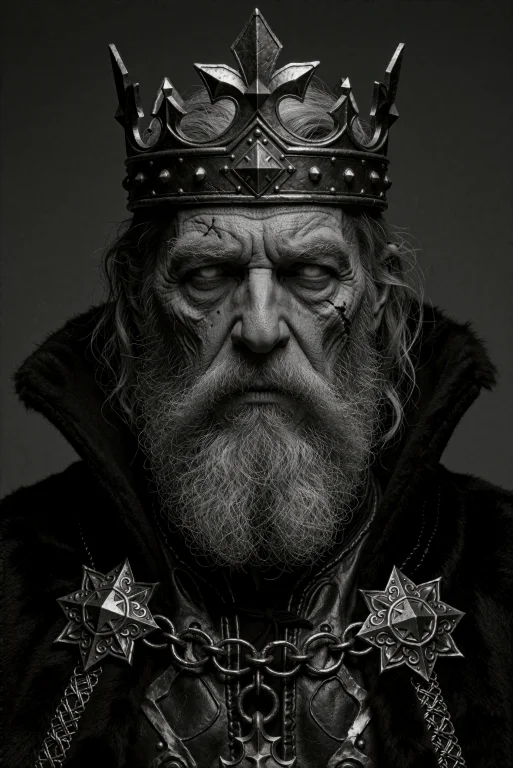 A Stern-faced Old King With Hollow Eyes And Deeply Weathered...