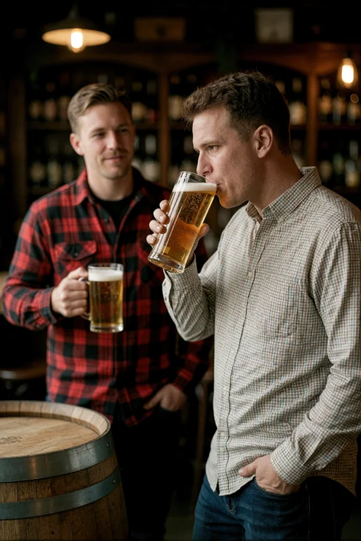Two Men Standing At A Wooden Barrel Table In A Dimly Lit Pub...
